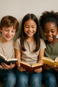 A group of kids reading a book together